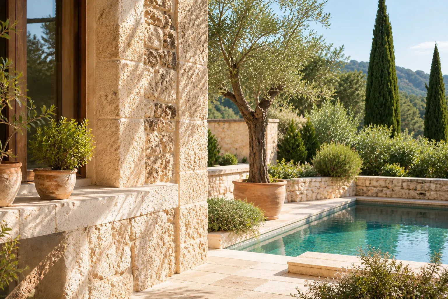 Piscina junto a una fachada de piedra y un jardín mediterráneo