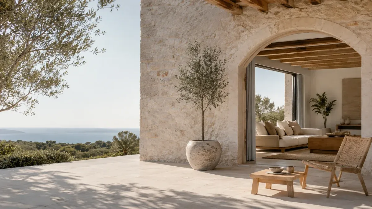 Innenhof eines mediterranen Hauses auf Mallorca, mit Olivenbaum und Blick aufs Meer