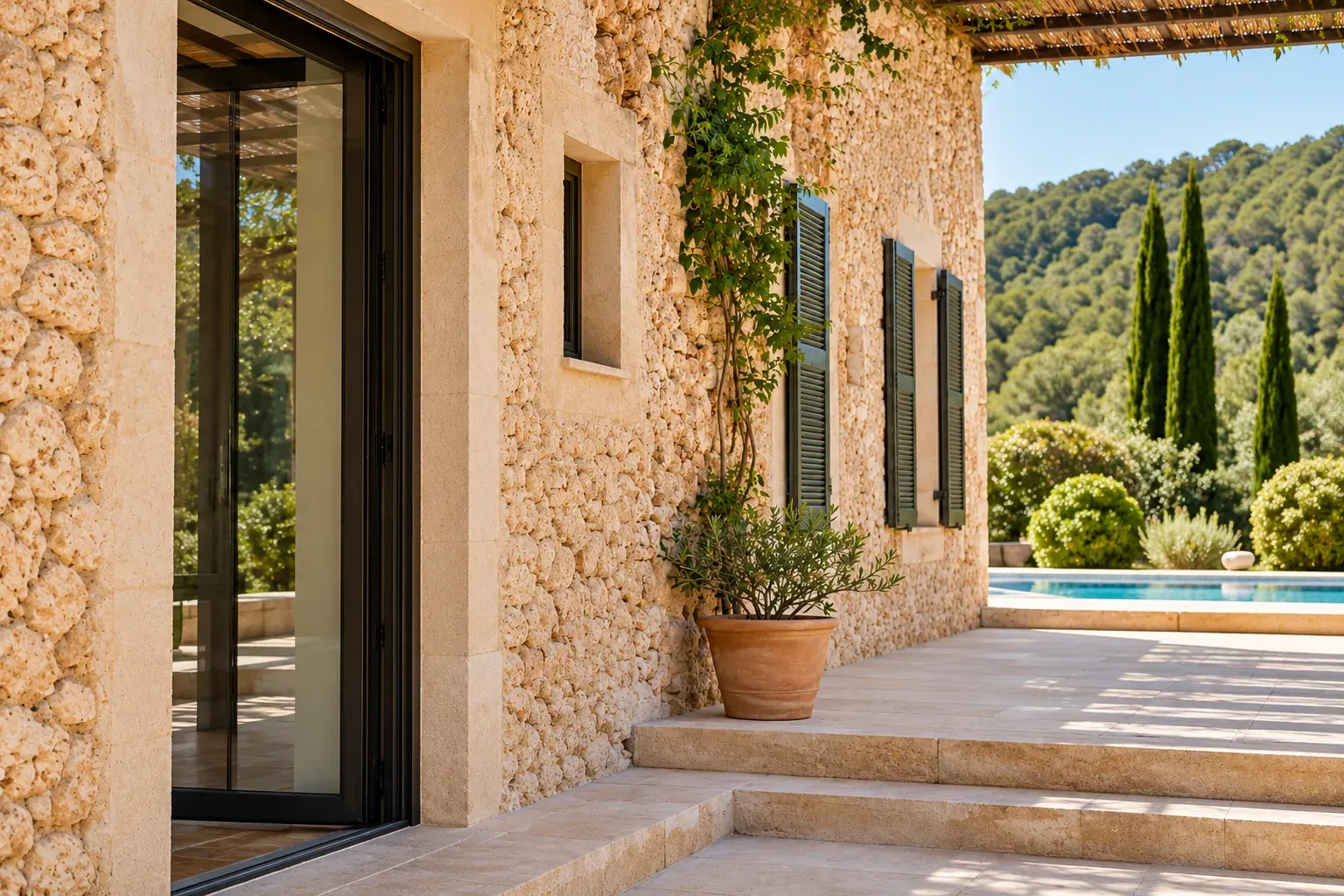 Acceso de una finca mallorquina con contraventanas, olivo y piscina al fondo