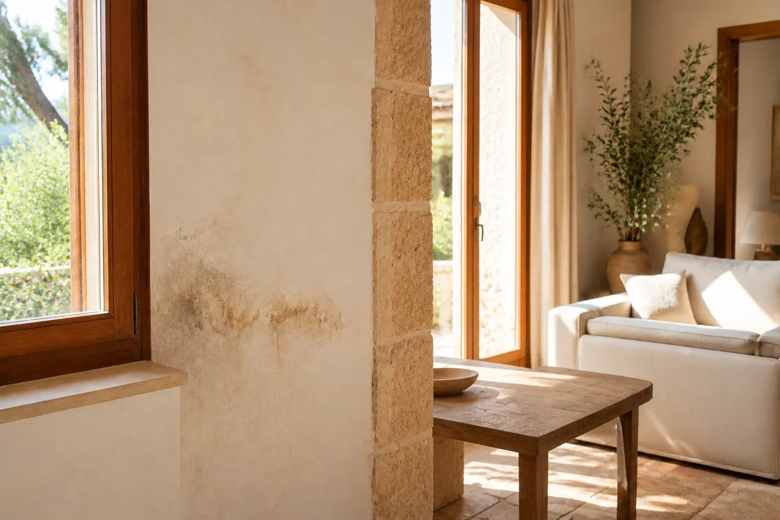 Mancha de humedad junto a una ventana, con la estancia al fondo