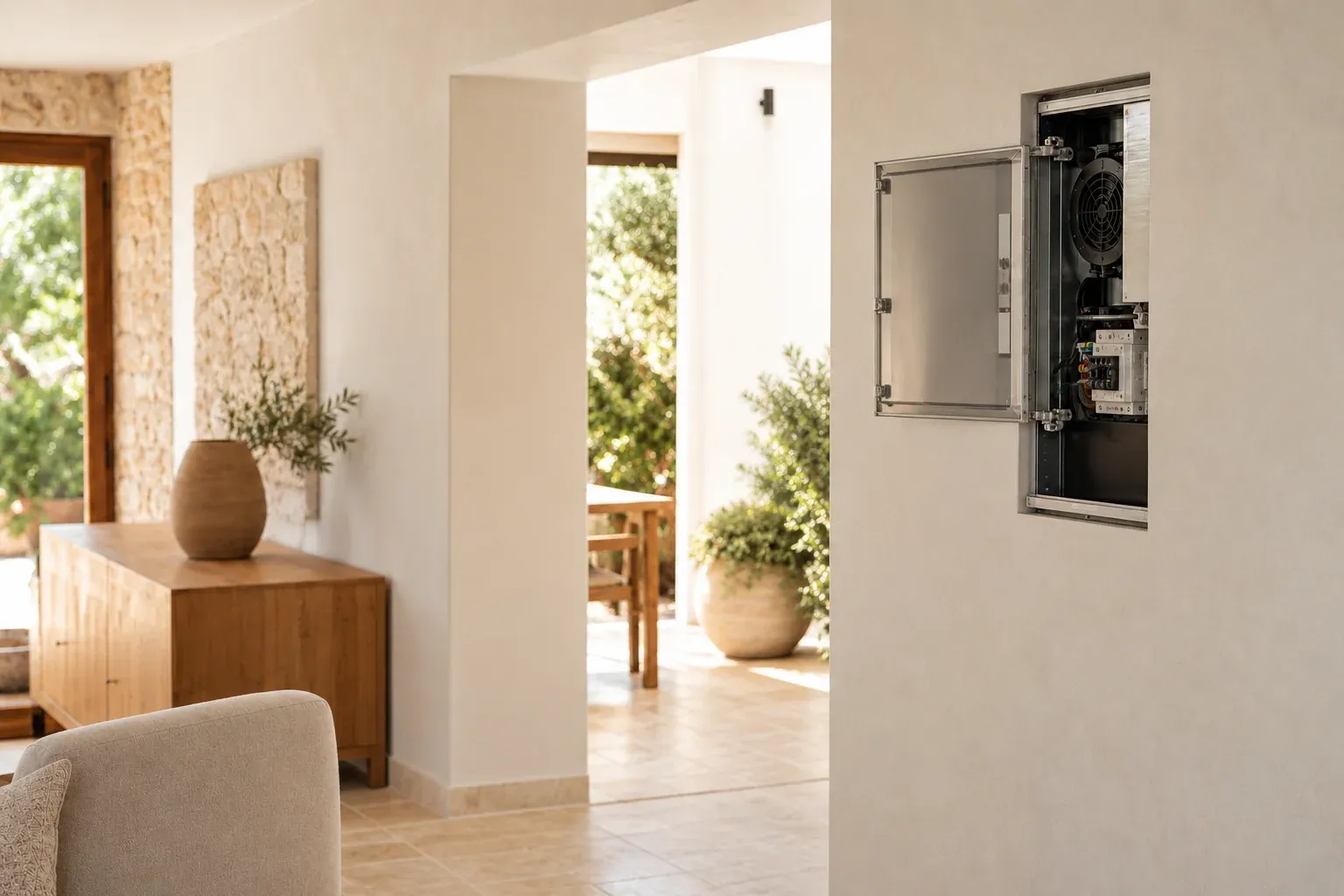 Armario técnico abierto en una vivienda mediterránea