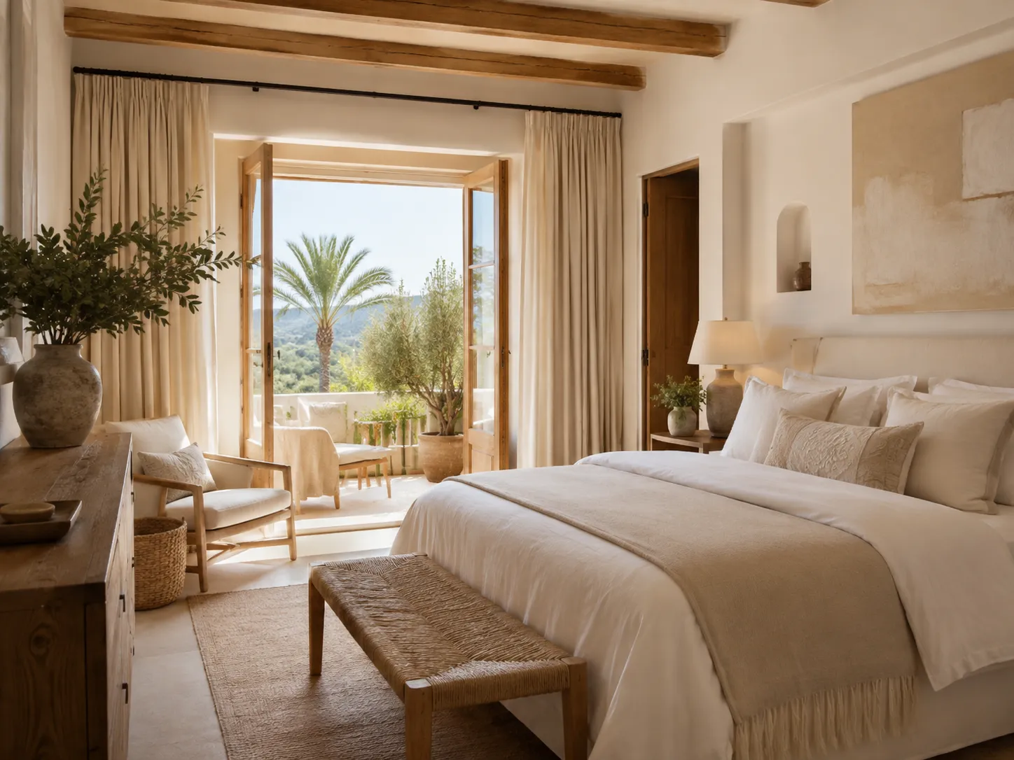Mediterranes Schlafzimmer, vorbereitet für die Ankunft der Eigentümer