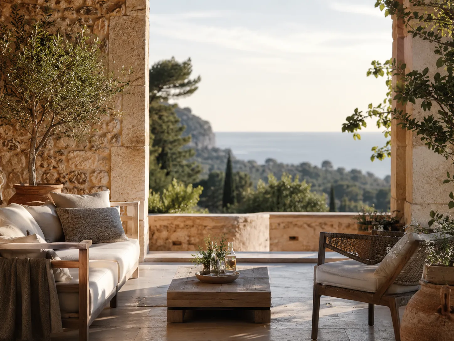 Mediterrane Terrasse mit Blick auf die Landschaft Mallorcas