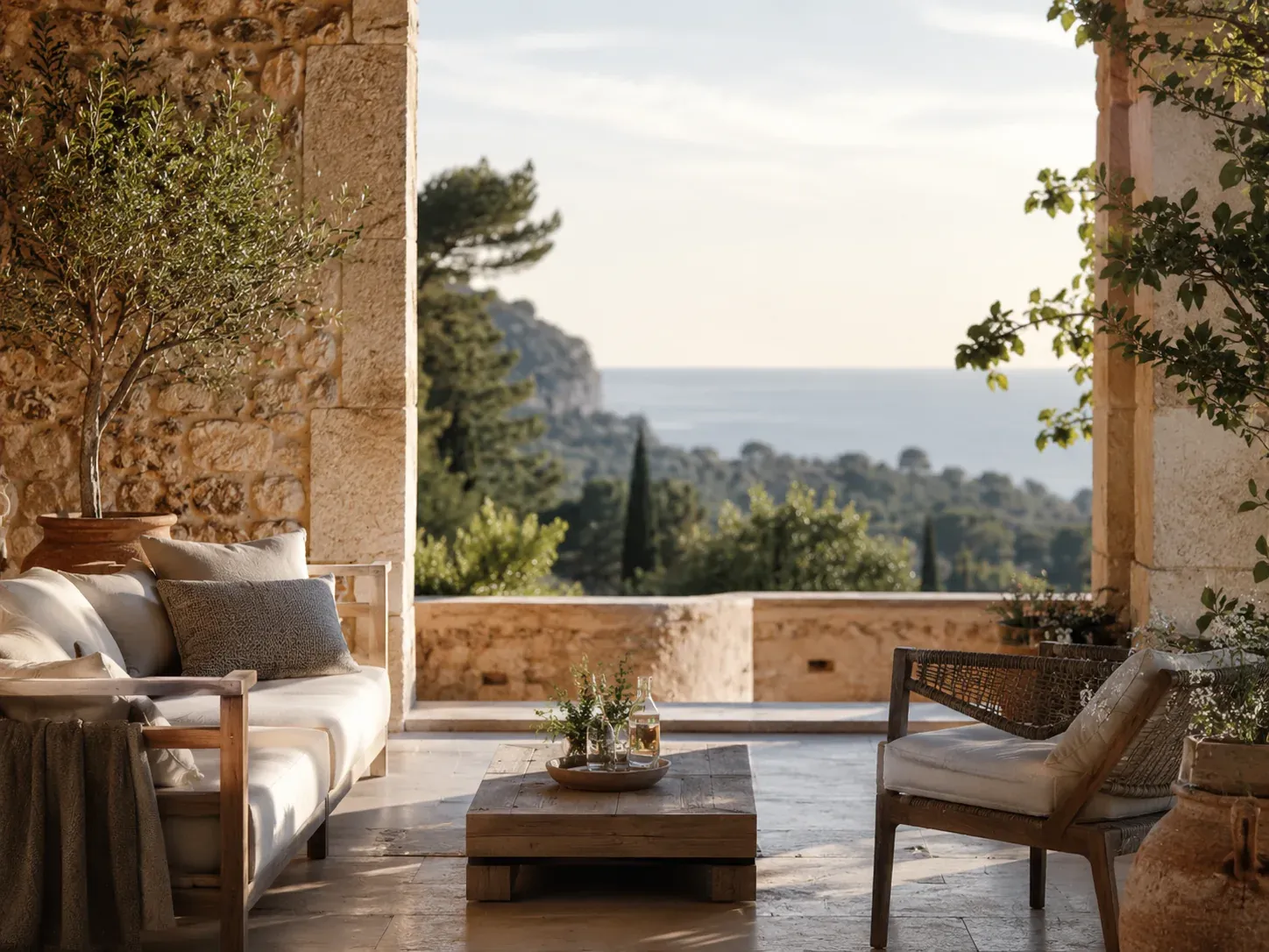Terraza mediterránea con vistas al paisaje de Mallorca